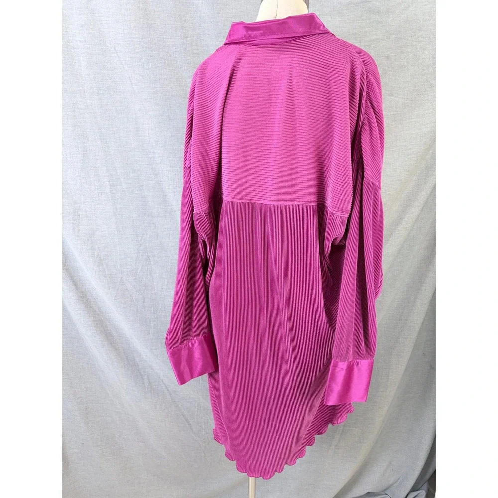 12th Tribe Magenta Pink‎ Plisse Pleated Shirt Dress Oversized Tunic L
